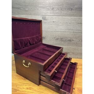 Vintage Reed & Barton Mahogany Wood 4-tier Jewelry Storage Box Chest 17x11.5x9”